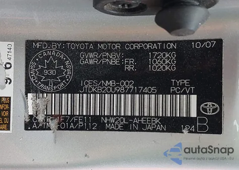 2008 Toyota Prius z USA, uszkodzony, nr VIN JTDKB20U987717405